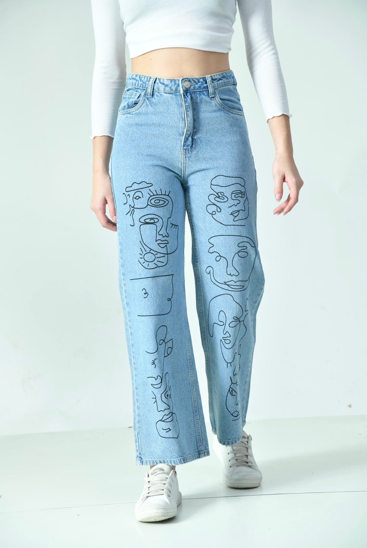 Doodle Faces Blue Denim