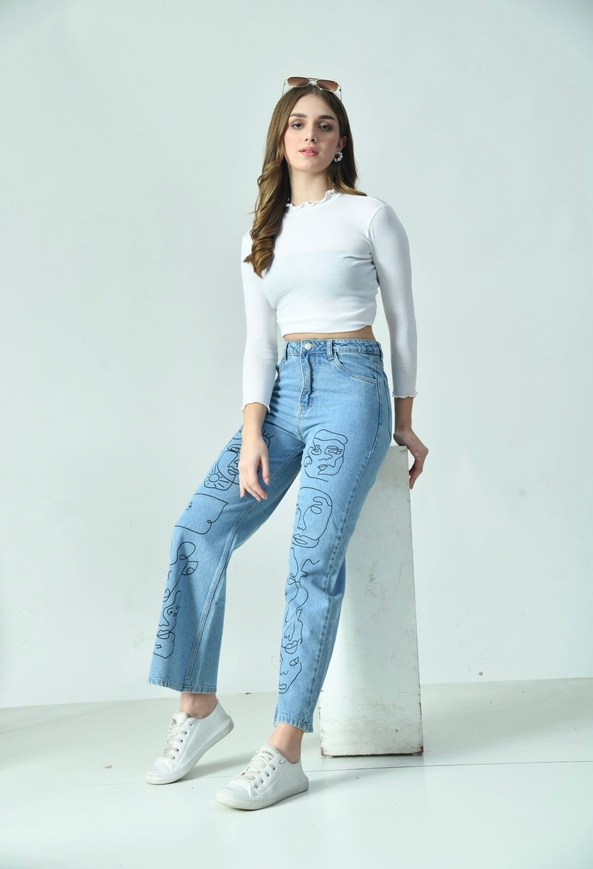Doodle Faces Blue Denim