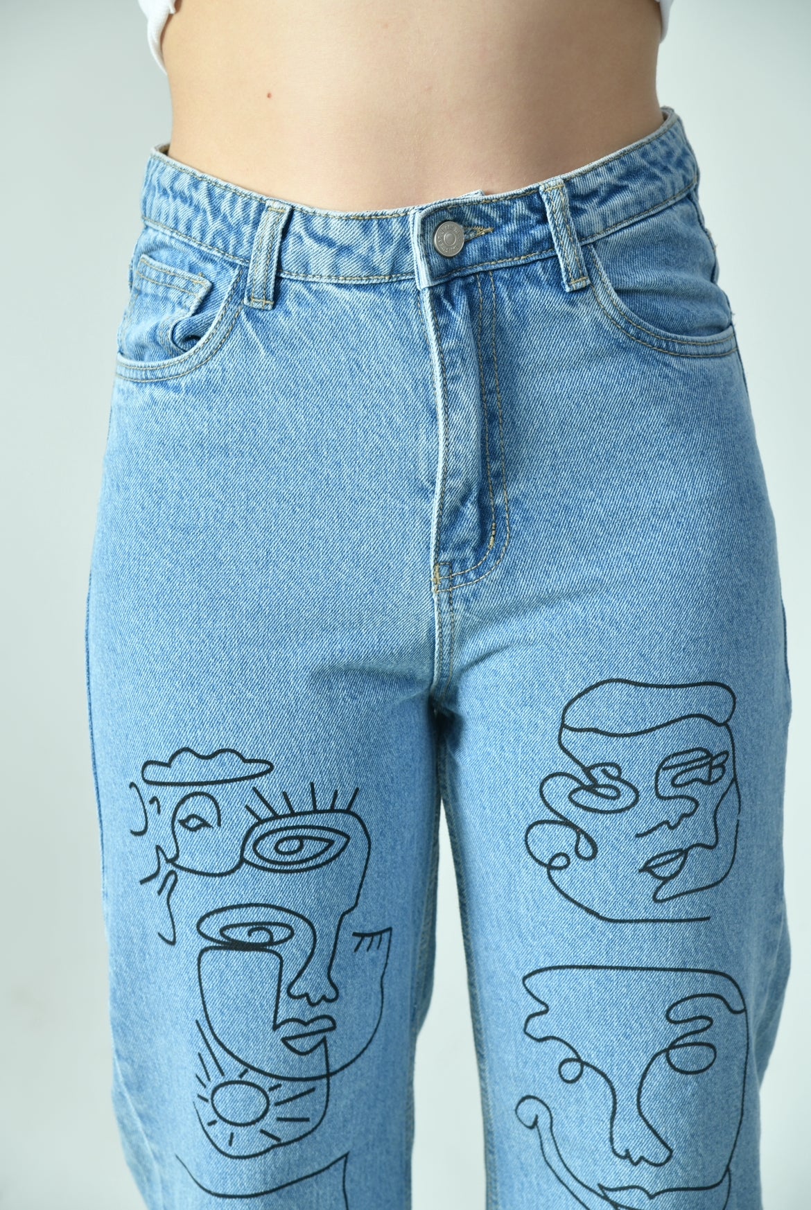 Doodle Faces Blue Denim