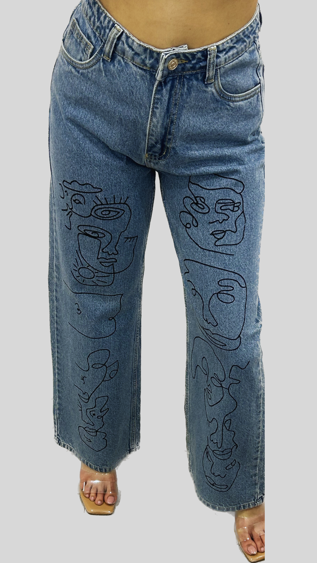 Doodle Faces Blue Denim