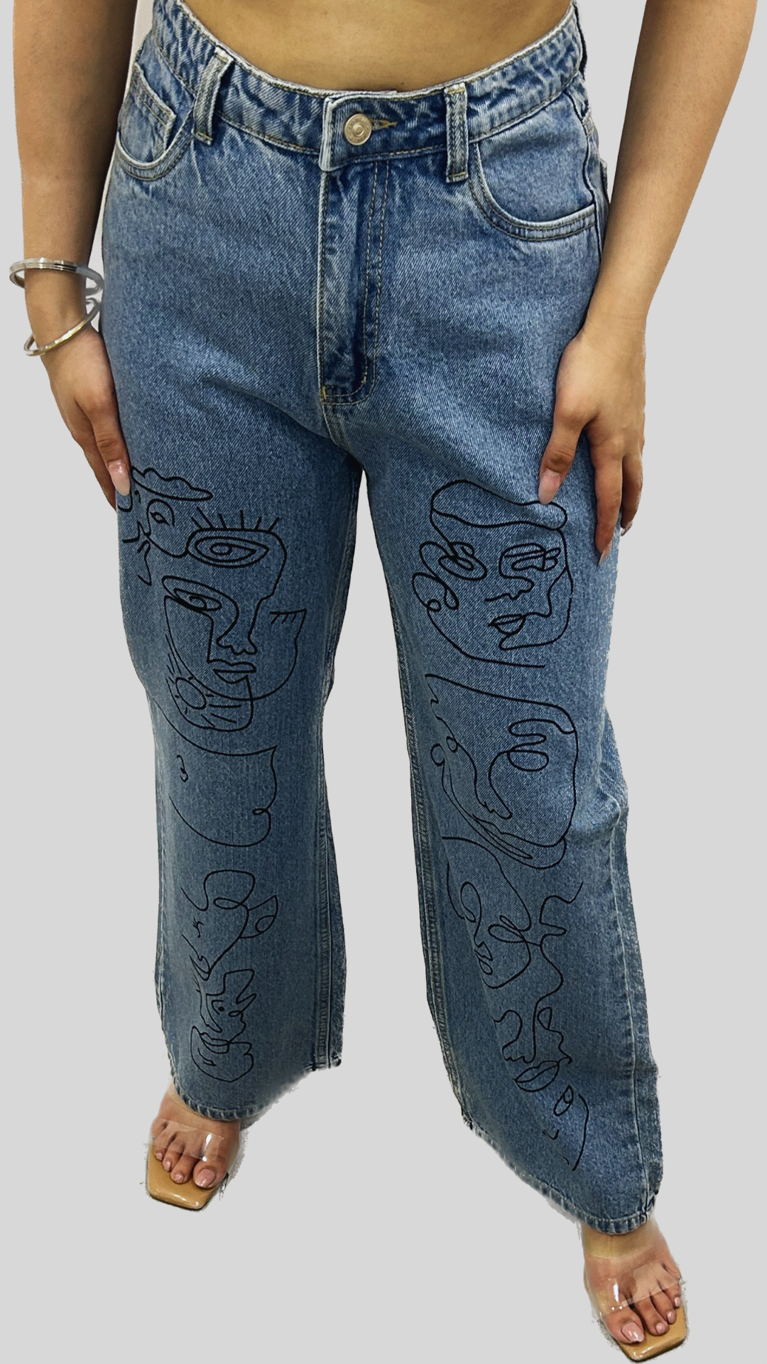 Doodle Faces Blue Denim